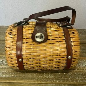 Vintage Wicker Woven Purse Boho Cottagecore Brown Leather Straps Womens handbag